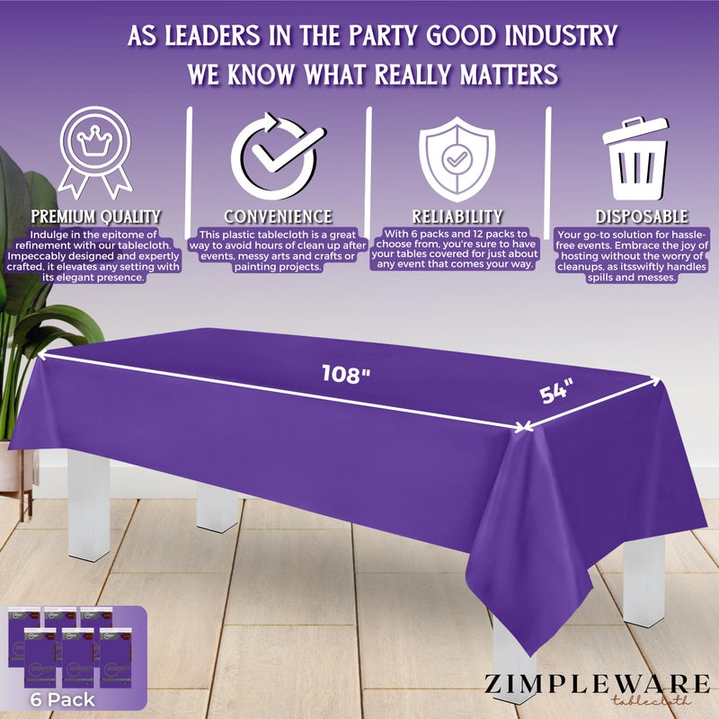ZIMPLEWARE Premium Purple Plastic Table Cloth Disposable (6 Pk) Plastic Tablecloths for Rectangle Tables (54in x 108in) Party Table Cloths Disposable for 6ft to 8ft Rectangle Tables - Image 3